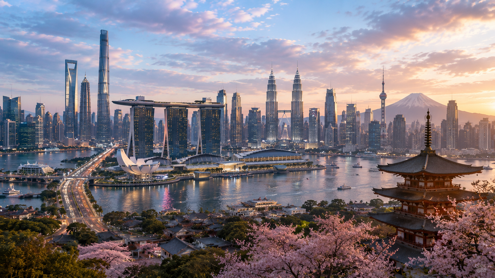 Asian skyline and architectural foreground